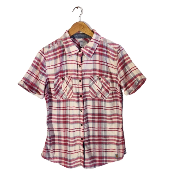 Carhartt Cowgirl Women Button Down Shirt Size M Pink-Cream Color - Picture 3 of 13